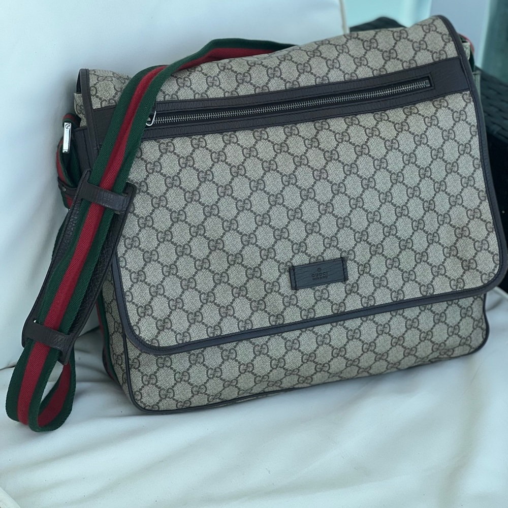 authentic GUCCI Plus Monogram Web Large Flap Messenger Bag in Beige & Dark Brown